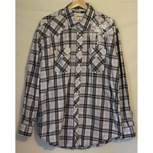 Rough Stock Panhandle Slim Pearl Snap Shirt Mens Large Gray Black Plaid Western